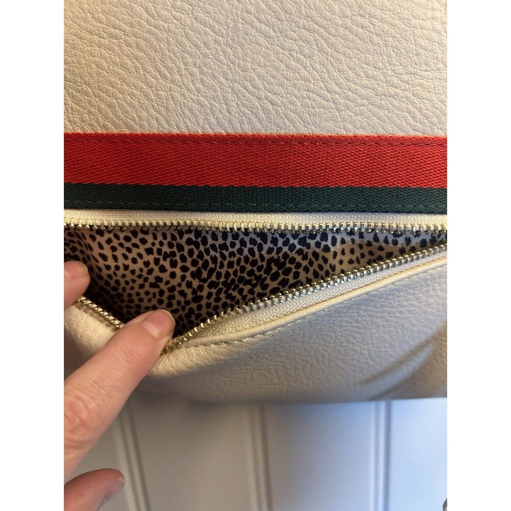 Cream Crossbody Purse Red Green Stripe Tassel Leopard Lining Retro Chic - Picture 5 of 12